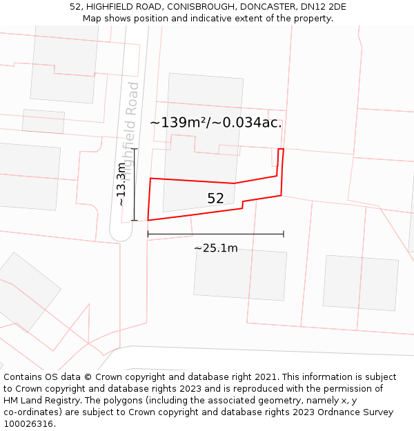 52, HIGHFIELD ROAD, CONISBROUGH, DONCASTER, DN12 2DE: Plot and title map