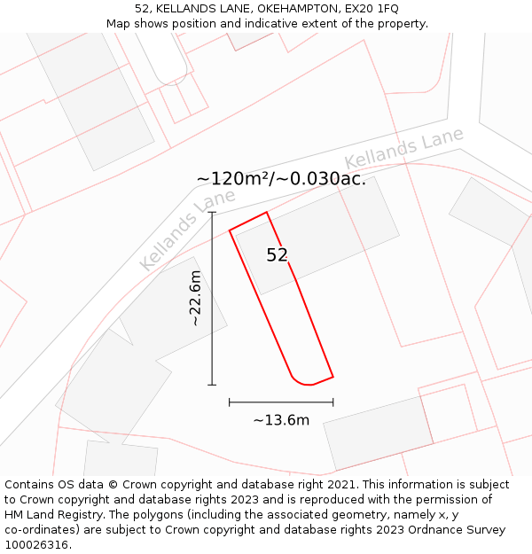 52, KELLANDS LANE, OKEHAMPTON, EX20 1FQ: Plot and title map