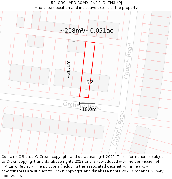 52, ORCHARD ROAD, ENFIELD, EN3 4PJ: Plot and title map