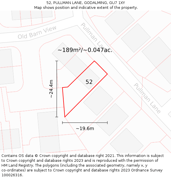 52, PULLMAN LANE, GODALMING, GU7 1XY: Plot and title map