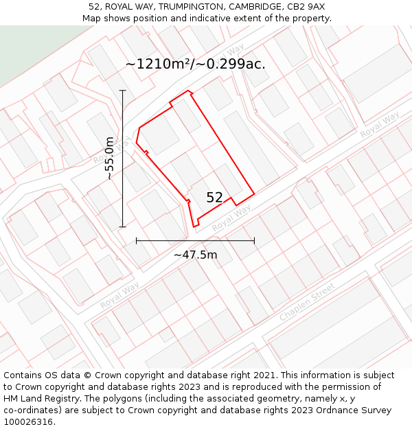 52, ROYAL WAY, TRUMPINGTON, CAMBRIDGE, CB2 9AX: Plot and title map