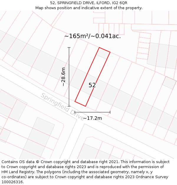 52, SPRINGFIELD DRIVE, ILFORD, IG2 6QR: Plot and title map