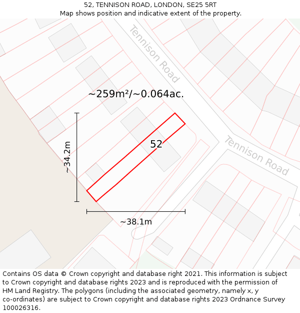 52, TENNISON ROAD, LONDON, SE25 5RT: Plot and title map