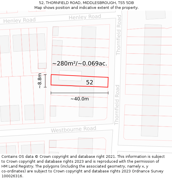 52, THORNFIELD ROAD, MIDDLESBROUGH, TS5 5DB: Plot and title map