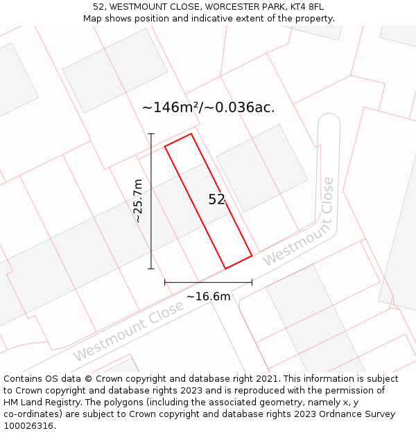 52, WESTMOUNT CLOSE, WORCESTER PARK, KT4 8FL: Plot and title map