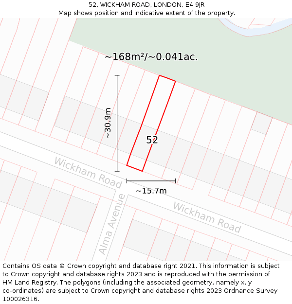 52, WICKHAM ROAD, LONDON, E4 9JR: Plot and title map