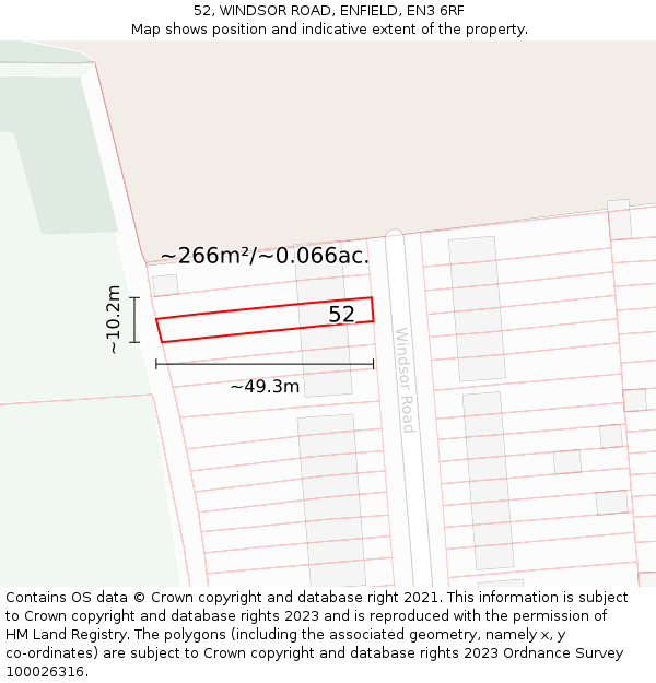 52, WINDSOR ROAD, ENFIELD, EN3 6RF: Plot and title map