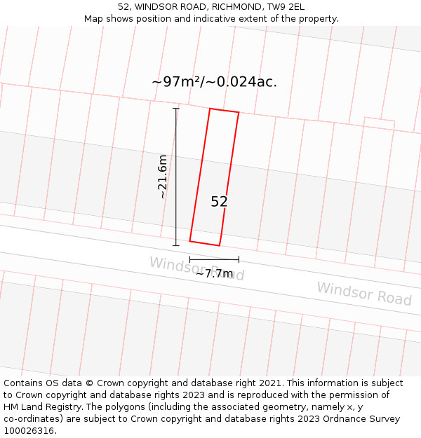 52, WINDSOR ROAD, RICHMOND, TW9 2EL: Plot and title map
