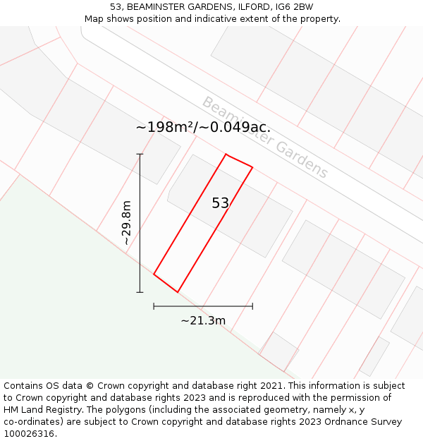 53, BEAMINSTER GARDENS, ILFORD, IG6 2BW: Plot and title map