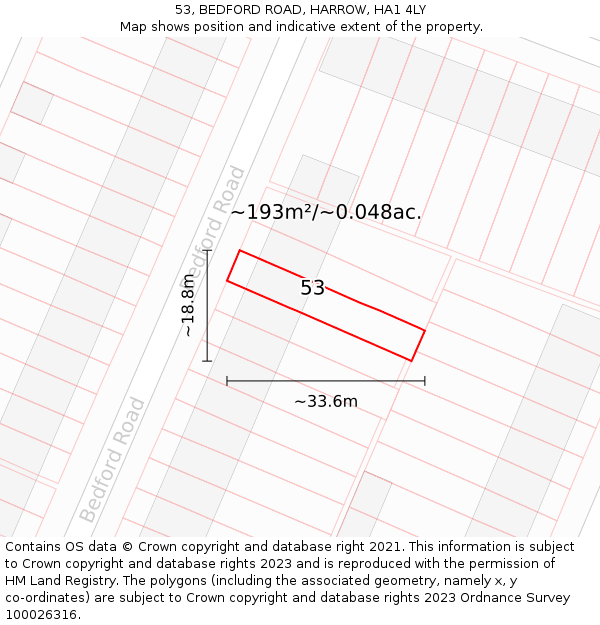 53, BEDFORD ROAD, HARROW, HA1 4LY: Plot and title map