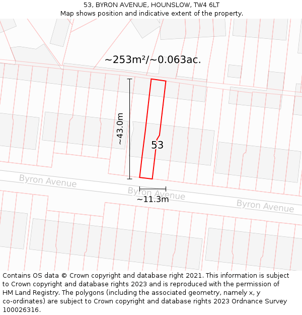53, BYRON AVENUE, HOUNSLOW, TW4 6LT: Plot and title map
