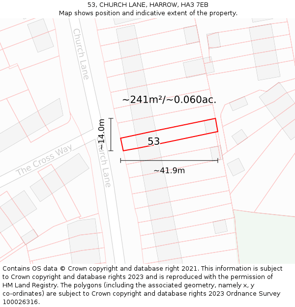 53, CHURCH LANE, HARROW, HA3 7EB: Plot and title map