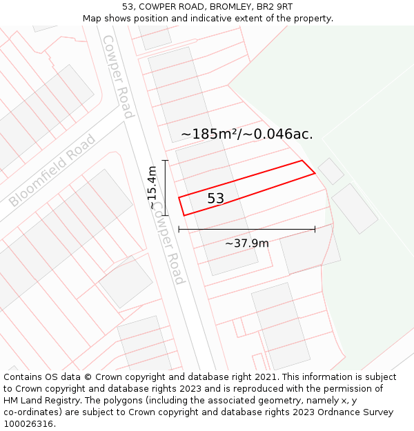 53, COWPER ROAD, BROMLEY, BR2 9RT: Plot and title map