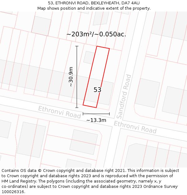 53, ETHRONVI ROAD, BEXLEYHEATH, DA7 4AU: Plot and title map