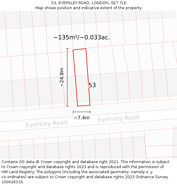 53, EVERSLEY ROAD, LONDON, SE7 7LE: Plot and title map
