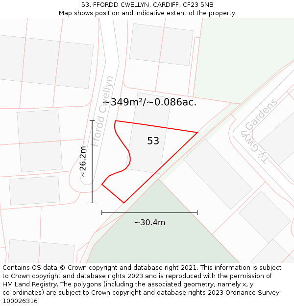 53, FFORDD CWELLYN, CARDIFF, CF23 5NB: Plot and title map