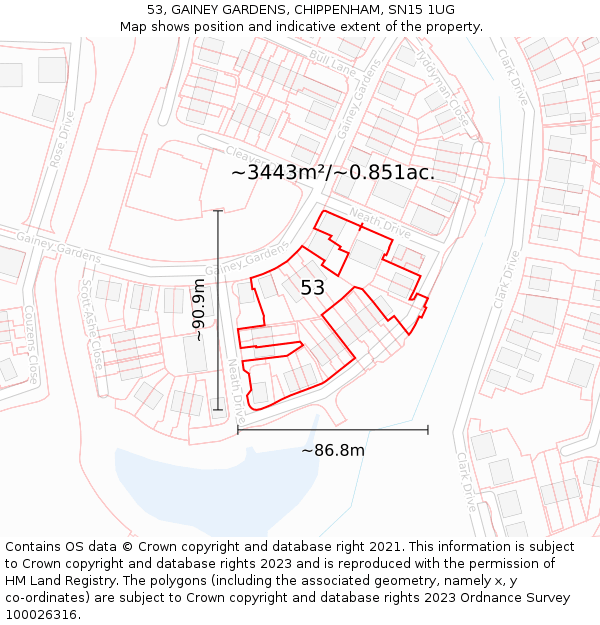 53, GAINEY GARDENS, CHIPPENHAM, SN15 1UG: Plot and title map