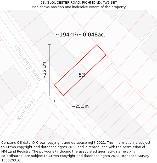 53, GLOUCESTER ROAD, RICHMOND, TW9 3BT: Plot and title map