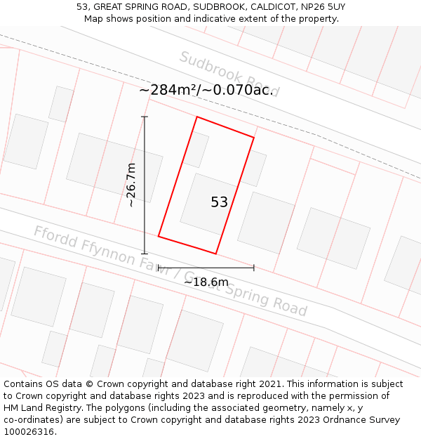 53, GREAT SPRING ROAD, SUDBROOK, CALDICOT, NP26 5UY: Plot and title map