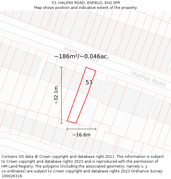 53, HALIFAX ROAD, ENFIELD, EN2 0PR: Plot and title map