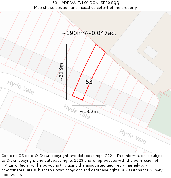 53, HYDE VALE, LONDON, SE10 8QQ: Plot and title map