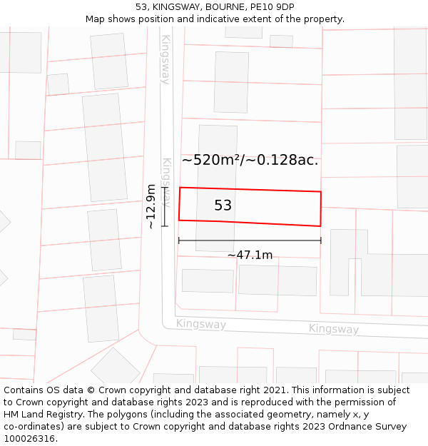 53, KINGSWAY, BOURNE, PE10 9DP: Plot and title map