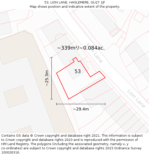 53, LION LANE, HASLEMERE, GU27 1JF: Plot and title map