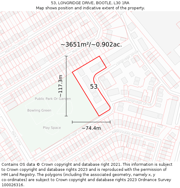 53, LONGRIDGE DRIVE, BOOTLE, L30 1RA: Plot and title map