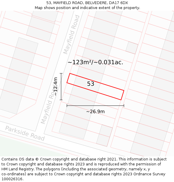 53, MAYFIELD ROAD, BELVEDERE, DA17 6DX: Plot and title map