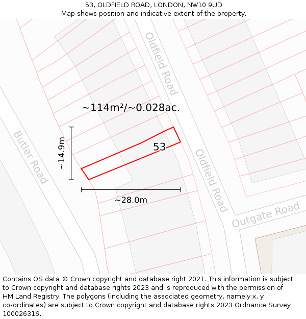 53, OLDFIELD ROAD, LONDON, NW10 9UD: Plot and title map