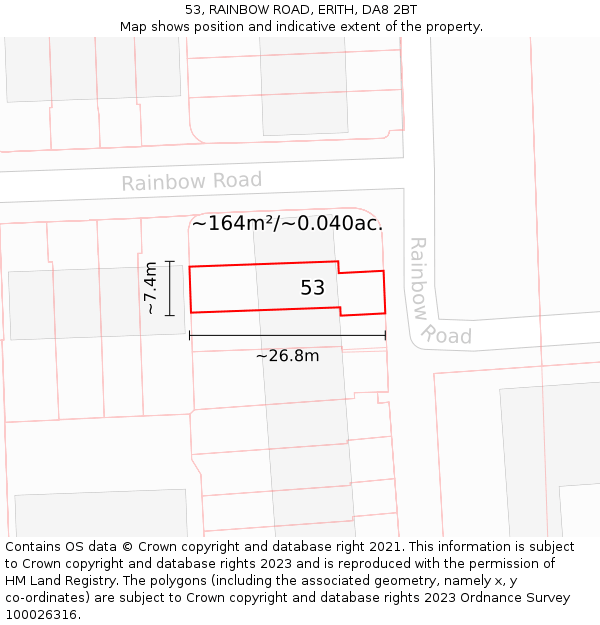 53, RAINBOW ROAD, ERITH, DA8 2BT: Plot and title map
