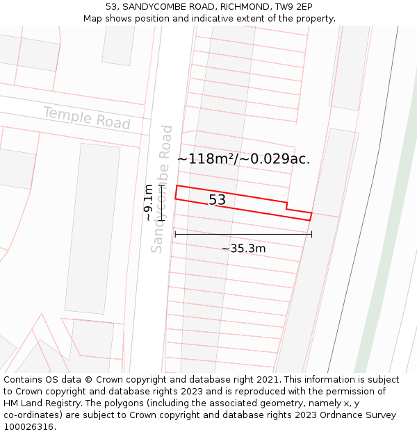 53, SANDYCOMBE ROAD, RICHMOND, TW9 2EP: Plot and title map