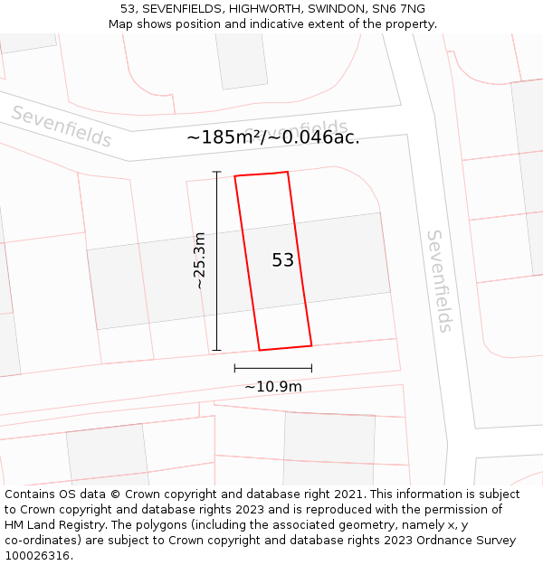 53, SEVENFIELDS, HIGHWORTH, SWINDON, SN6 7NG: Plot and title map