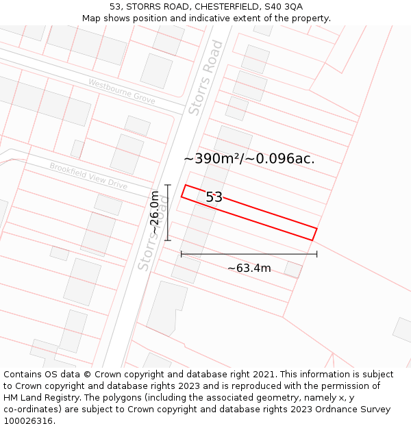 53, STORRS ROAD, CHESTERFIELD, S40 3QA: Plot and title map