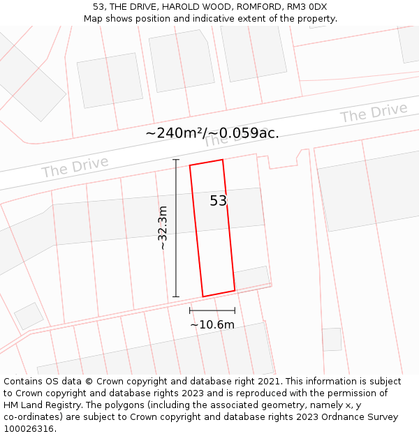 53, THE DRIVE, HAROLD WOOD, ROMFORD, RM3 0DX: Plot and title map