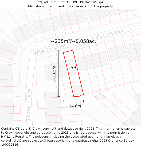 53, WILLS CRESCENT, HOUNSLOW, TW3 2JA: Plot and title map