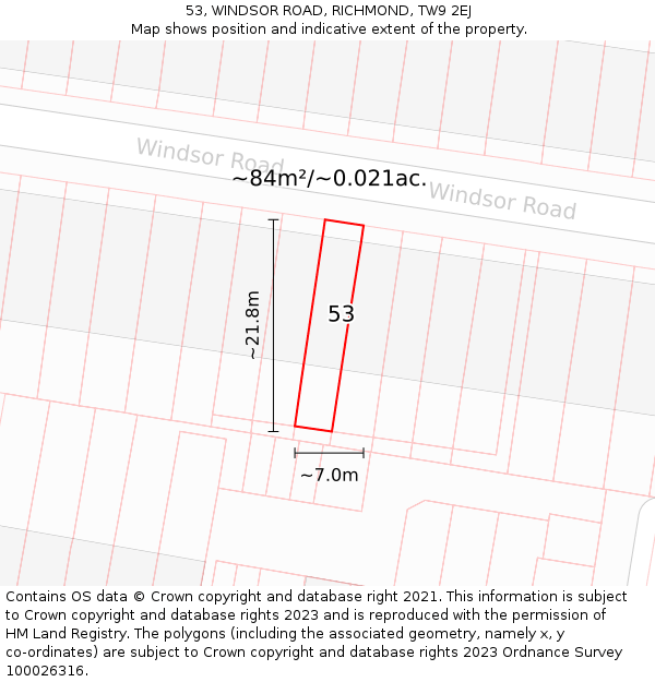 53, WINDSOR ROAD, RICHMOND, TW9 2EJ: Plot and title map