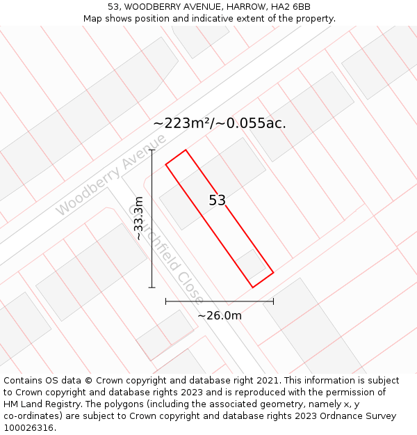 53, WOODBERRY AVENUE, HARROW, HA2 6BB: Plot and title map