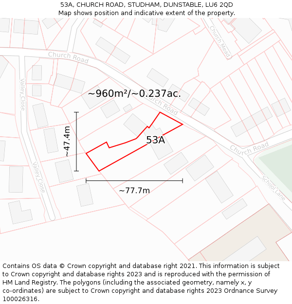 53A, CHURCH ROAD, STUDHAM, DUNSTABLE, LU6 2QD: Plot and title map