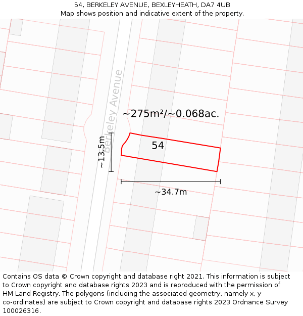 54, BERKELEY AVENUE, BEXLEYHEATH, DA7 4UB: Plot and title map