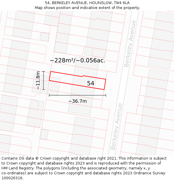 54, BERKELEY AVENUE, HOUNSLOW, TW4 6LA: Plot and title map
