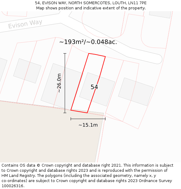 54, EVISON WAY, NORTH SOMERCOTES, LOUTH, LN11 7PE: Plot and title map