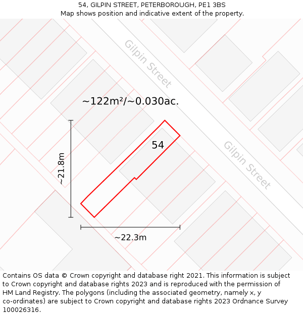 54, GILPIN STREET, PETERBOROUGH, PE1 3BS: Plot and title map