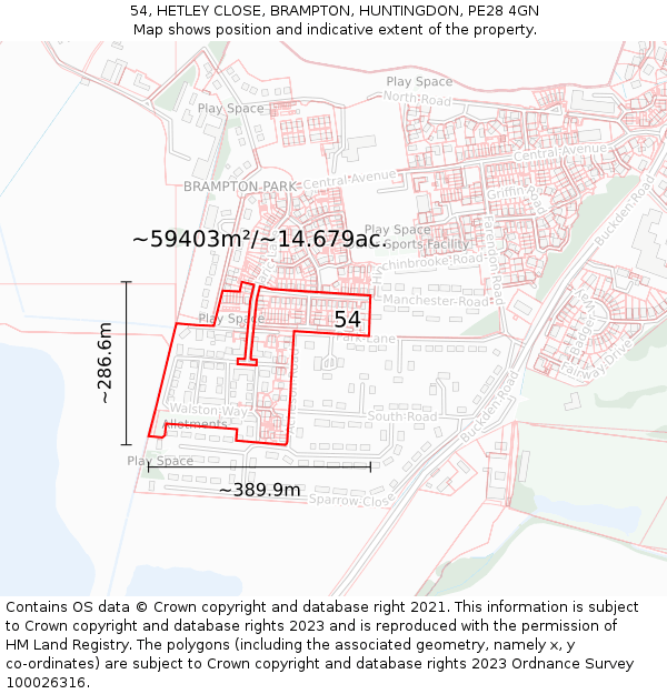 54, HETLEY CLOSE, BRAMPTON, HUNTINGDON, PE28 4GN: Plot and title map