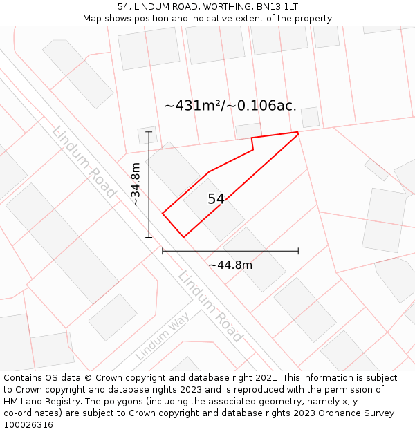 54, LINDUM ROAD, WORTHING, BN13 1LT: Plot and title map