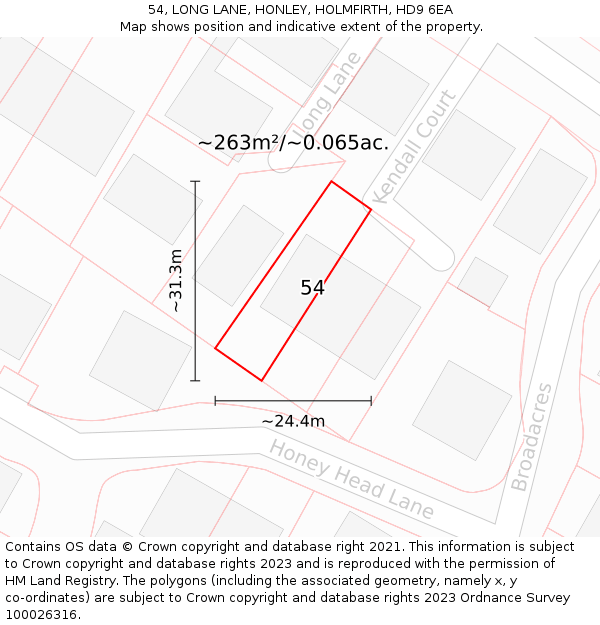 54, LONG LANE, HONLEY, HOLMFIRTH, HD9 6EA: Plot and title map