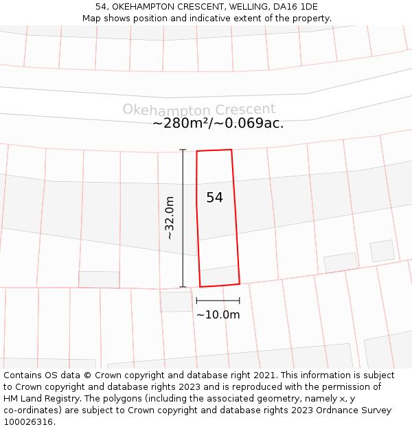 54, OKEHAMPTON CRESCENT, WELLING, DA16 1DE: Plot and title map