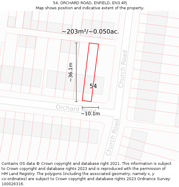 54, ORCHARD ROAD, ENFIELD, EN3 4PJ: Plot and title map