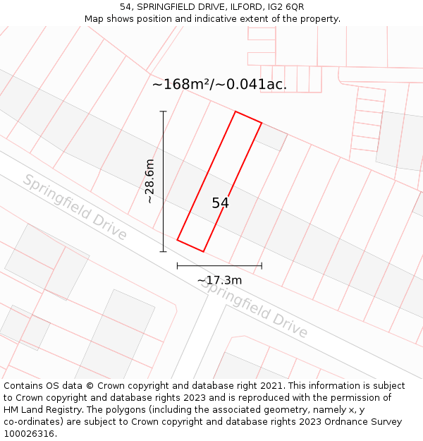 54, SPRINGFIELD DRIVE, ILFORD, IG2 6QR: Plot and title map