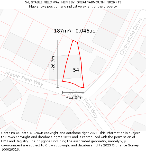 54, STABLE FIELD WAY, HEMSBY, GREAT YARMOUTH, NR29 4TE: Plot and title map